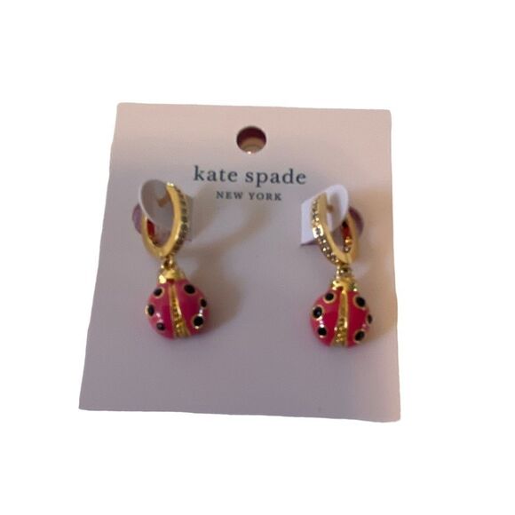 Kate spade beautiful red, black, gold & pave crystal ladybug huggie hoops. - Picture 5 of 6